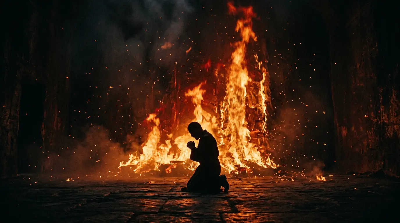 A lone figure kneeling in prayer before a towering wall of fire